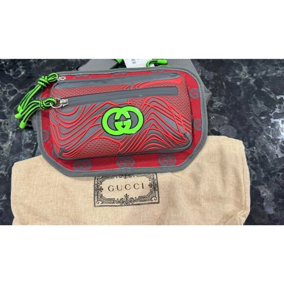 Gucci GG Nylon Waist Bag Nylon Rubber Red Grey 752102 - Picture 1 of 7